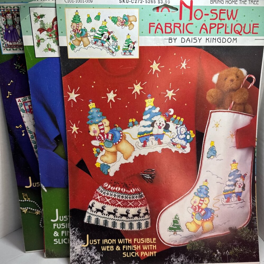 Lot of 3 Vintage 90s Daisy Kingdom Christmas No Sew Applique Fabric Panels